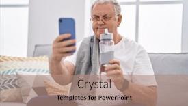  Presentation with water bottle - PPT layouts having middle-age-grey-haired-man background and a coral colored foreground
