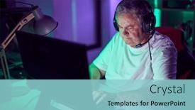  Presentation with computer room - PPT theme having middle-age-grey-haired-man background and a light blue colored foreground