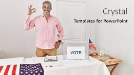  Presentation with president - Slide set enhanced with middle-age-grey-haired-man background and a light gray colored foreground