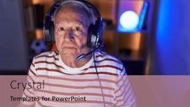  Presentation with streamer - Presentation design consisting of middle-age-grey-haired-man background and a coral colored foreground