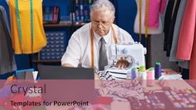  Presentation with machine shop - PPT theme featuring middle-age-grey-haired-man background and a coral colored foreground