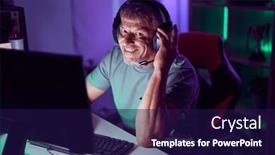  Presentation with computer room - PPT layouts with middle-age-grey-haired-man background and a navy blue colored foreground