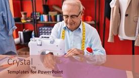  Presentation with sewing machine - Slide deck featuring middle-age-grey-haired-man background and a coral colored foreground