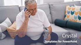  Presentation with water bottle - Slide set consisting of middle-age-grey-haired-man background and a gray colored foreground