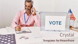  Presentation with president - Slide set having middle-age-grey-haired-man background and a sky blue colored foreground