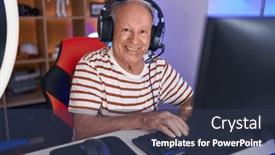  Presentation with computer room - PPT theme having middle-age-grey-haired-man background and a tawny brown colored foreground