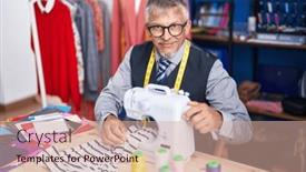  Presentation with clothing factory - Slides featuring middle-age-grey-haired-man background and a coral colored foreground