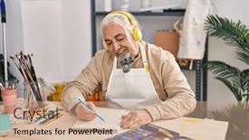  Presentation with music studio - PPT theme enhanced with middle-age-grey-haired-man background and a coral colored foreground