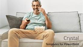  Presentation with movie - Theme having middle-age-grey-haired-man background and a coral colored foreground