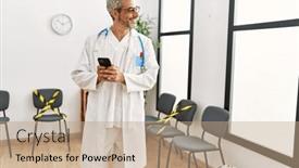  Presentation with waiting room - PPT theme with middle-age-grey-haired-man background and a coral colored foreground