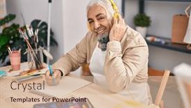  Presentation with music studio - Slide deck having middle-age-grey-haired-man background and a soft green colored foreground