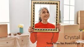  Presentation with new home - Presentation theme featuring middle-age-grey-haired-woman background and a coral colored foreground