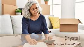  Presentation with new home - PPT theme with middle-age-grey-haired-woman background and a soft green colored foreground
