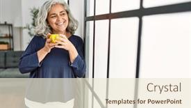  Presentation with grey - Slide deck with middle-age-grey-haired-woman background and a cream colored foreground