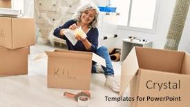  Presentation with new home - Presentation consisting of middle-age-grey-haired-woman background and a coral colored foreground