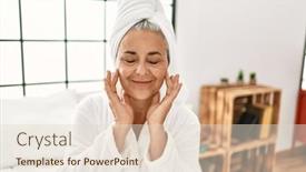  Presentation with grey - Presentation design having middle-age-grey-haired-woman background and a  colored foreground