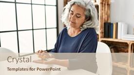  Presentation with grey - Theme enhanced with middle-age-grey-haired-woman background and a  colored foreground