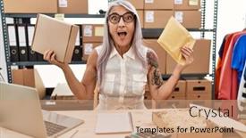  Presentation with grey - Slide set featuring middle-age-grey-haired-woman background and a coral colored foreground