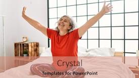  Presentation with woman hands raised to sky - Slide deck featuring middle-age-grey-haired-woman background and a  colored foreground