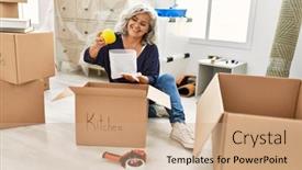  Presentation with new home - Slides with middle-age-grey-haired-woman background and a coral colored foreground