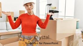  Presentation with new home - Presentation design with middle-age-grey-haired-woman background and a coral colored foreground