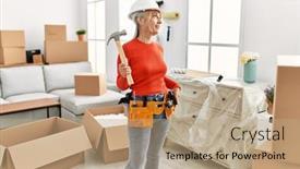  Presentation with new home - Presentation theme featuring middle-age-grey-haired-woman background and a coral colored foreground