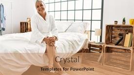  Presentation with grey - PPT layouts with middle-age-grey-haired-woman background and a coral colored foreground