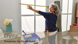  Presentation with new home - Slides consisting of middle-age-grey-haired-woman background and a  colored foreground