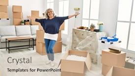  Presentation with new home - Slide deck enhanced with middle-age-grey-haired-woman background and a  colored foreground