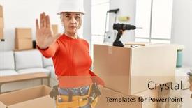  Presentation with hand palm - Slide deck featuring middle-age-grey-haired-woman background and a  colored foreground