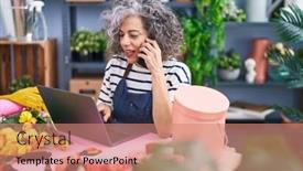  Presentation with grey - PPT theme featuring middle-age-grey-haired-woman background and a coral colored foreground