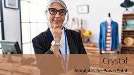  Presentation with manager thinking - Slides consisting of middle-age-grey-haired-woman background and a coral colored foreground