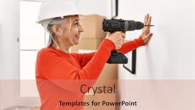  Presentation with new home - PPT layouts consisting of middle-age-grey-haired-woman background and a coral colored foreground