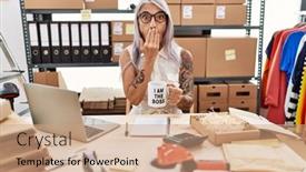  Presentation with coffee cup - Presentation theme featuring middle-age-grey-haired-woman background and a coral colored foreground