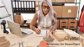  Presentation with grey - PPT layouts having middle-age-grey-haired-woman background and a coral colored foreground