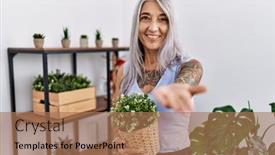  Presentation with hand holding plant - Presentation design consisting of middle-age-grey-haired-woman background and a coral colored foreground