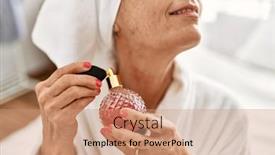  Presentation with perfume - Presentation design featuring middle-age-grey-haired-woman background and a coral colored foreground