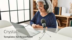  Presentation with radio - Presentation theme with middle-age-grey-haired-woman background and a sky blue colored foreground