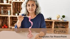  Presentation with tape measure - Theme having middle-age-grey-haired-woman background and a coral colored foreground