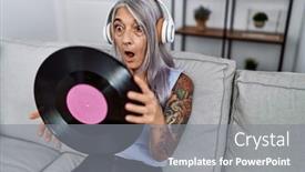  Presentation with music vinyl - PPT layouts enhanced with middle-age-grey-haired-woman background and a gray colored foreground