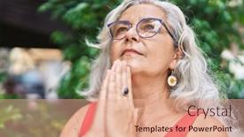 Presentation with grey - Slides having middle-age-grey-haired-woman background and a coral colored foreground