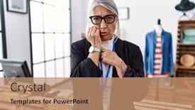  Presentation with boutique - PPT theme having middle-age-grey-haired-woman background and a coral colored foreground