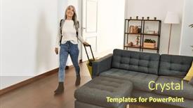  Presentation with suitcase - PPT theme featuring middle-age-grey-haired-woman background and a tawny brown colored foreground