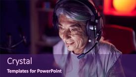  Presentation with computer room - Slide deck with middle-age-grey-haired-woman background and a violet colored foreground