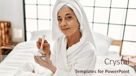  Presentation with grey - Theme with middle-age-grey-haired-woman background and a  colored foreground