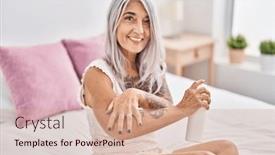  Presentation with lotion - PPT theme having middle-age-grey-haired-woman background and a coral colored foreground