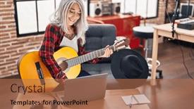  Presentation with classical music - Presentation theme featuring middle-age-grey-haired-woman background and a coral colored foreground