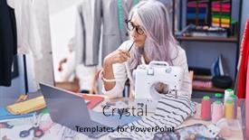  Presentation with machine shop - Slide deck consisting of middle-age-grey-haired-woman background and a light blue colored foreground