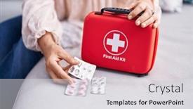  Presentation with first aid kit - Presentation with middle-age-grey-haired-woman background and a light gray colored foreground