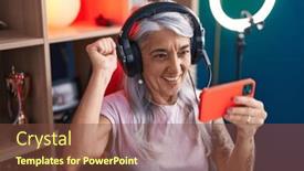  Presentation with streamer - PPT theme consisting of middle-age-grey-haired-woman background and a tawny brown colored foreground